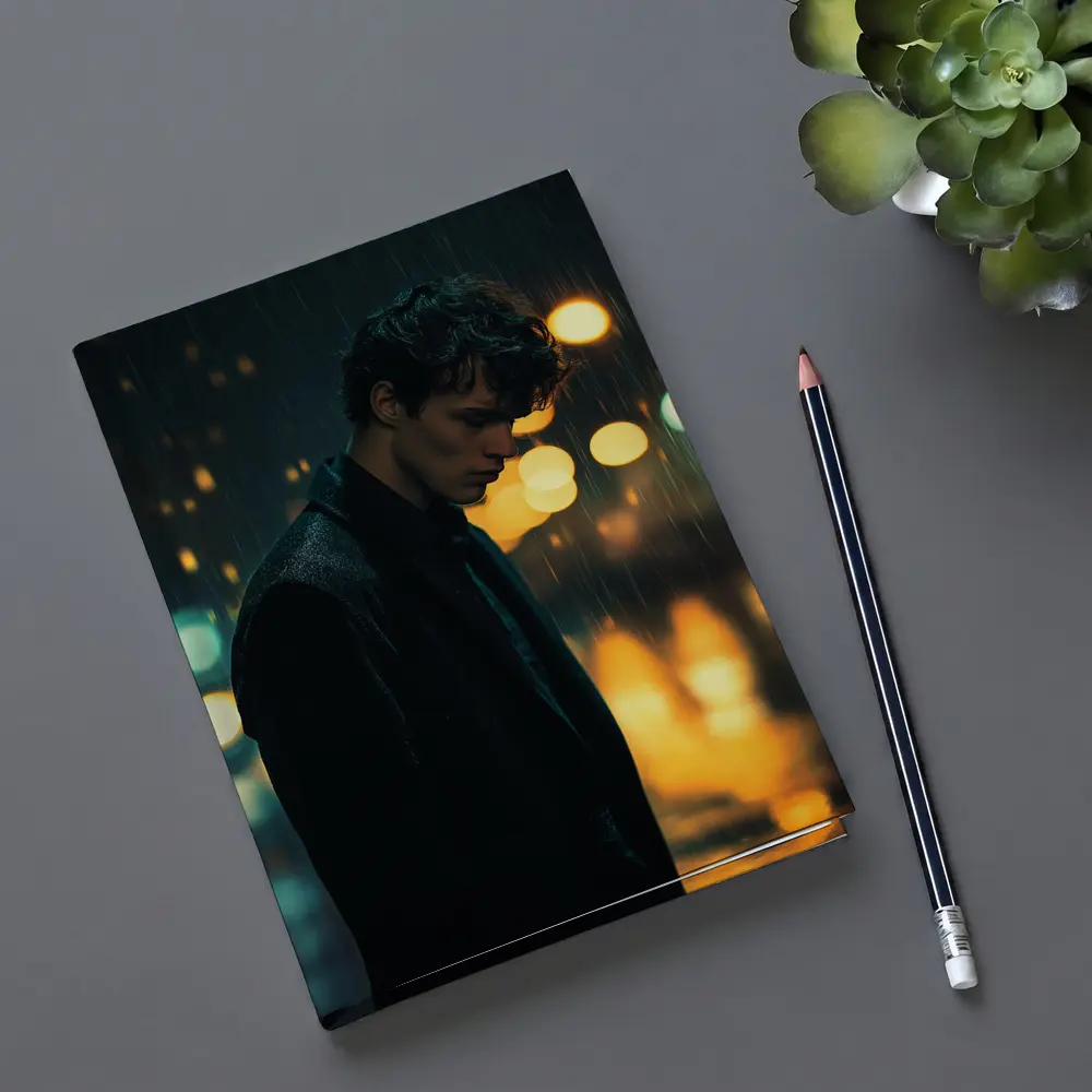 Young Man Standing Alone in Night Rain – Notebooks