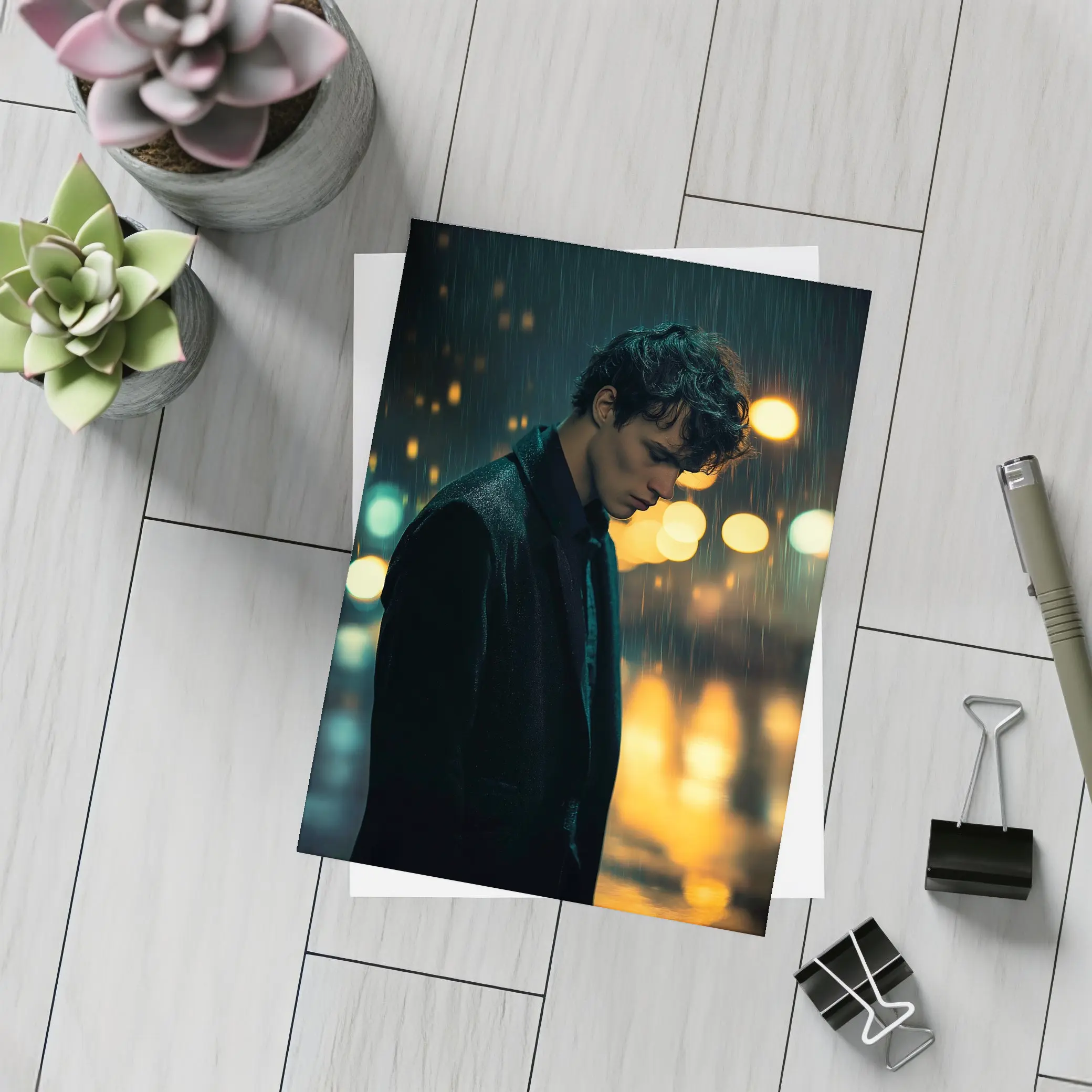 Young Man Standing Alone in Night Rain – Postcards