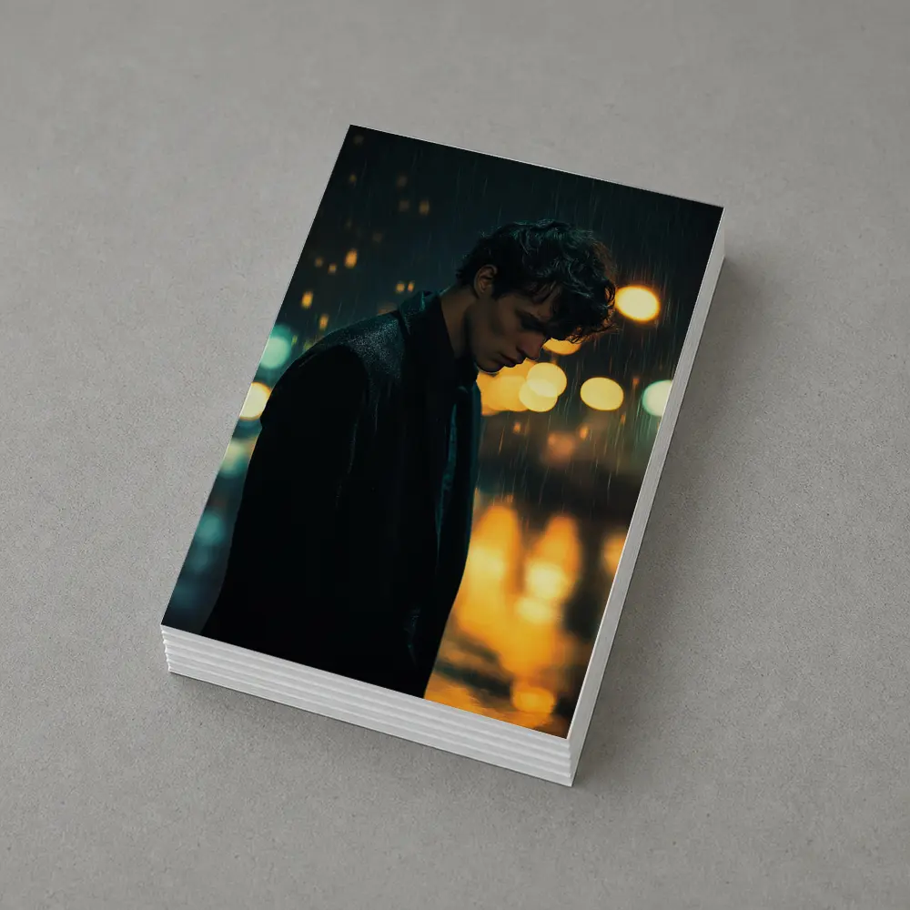 Young Man Standing Alone in Night Rain – Postcards