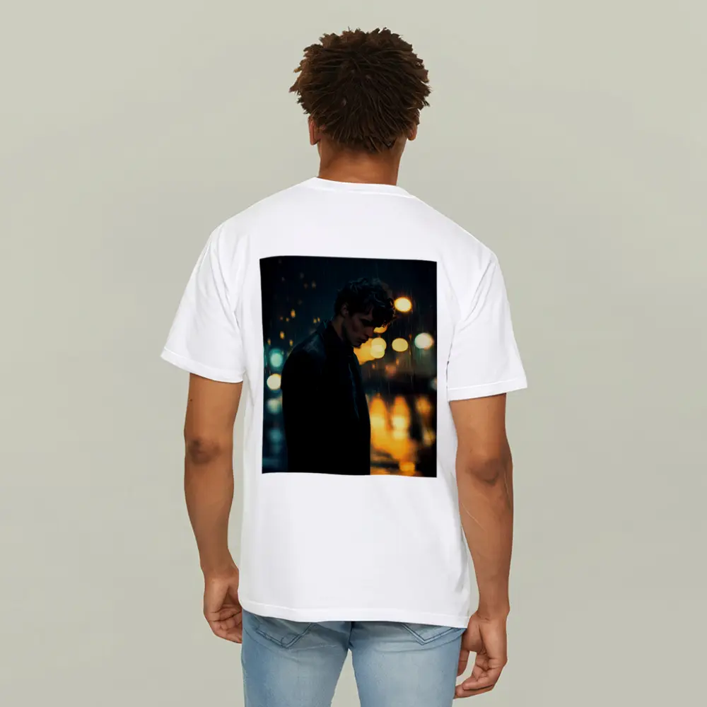 Young Man Standing Alone in Night Rain – T-Shirts
