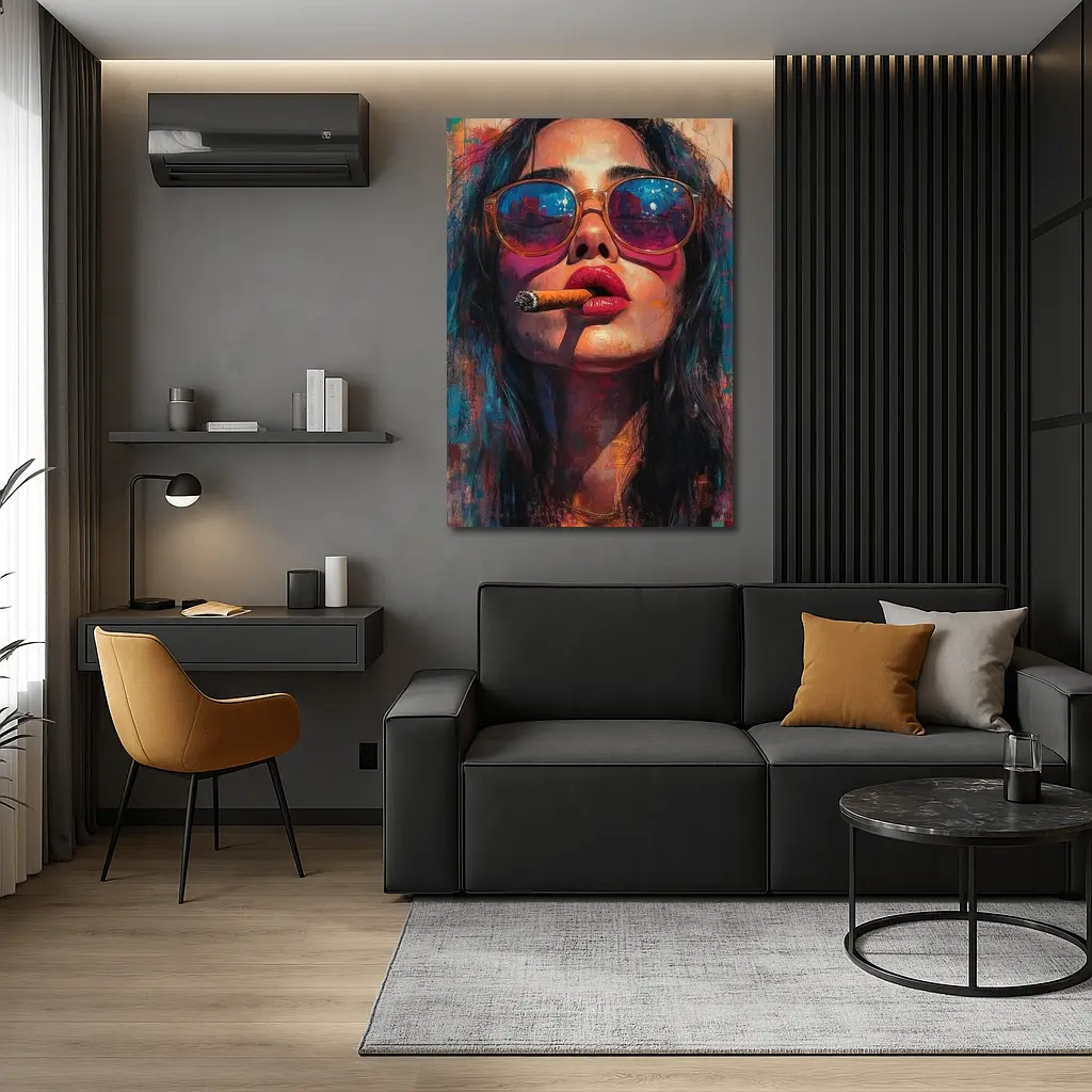 Woman With Cigar Sunglasses Colorful Oil Painting – Wall Art