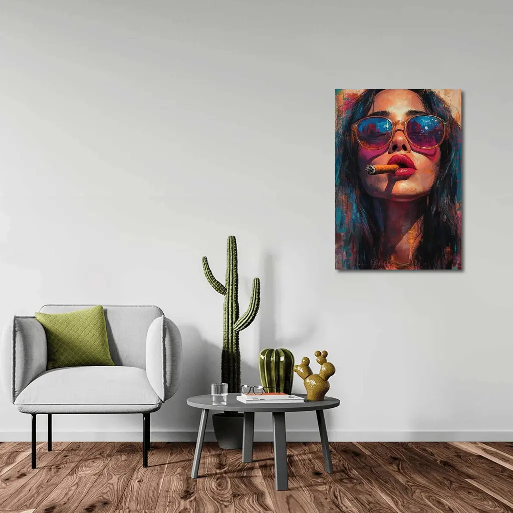 Woman With Cigar Sunglasses Colorful Oil Painting – Wall Art