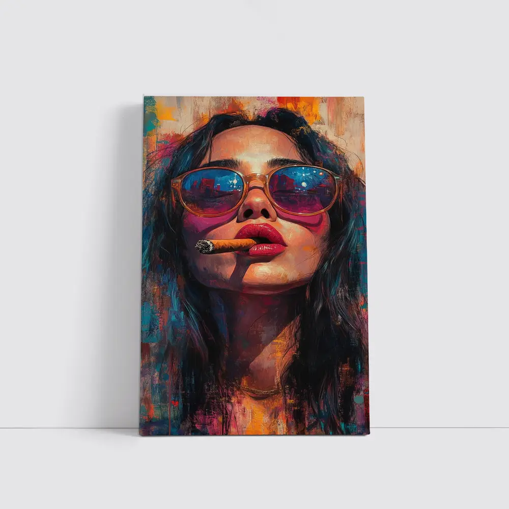 Woman With Cigar Sunglasses Colorful Oil Painting – Wall Art