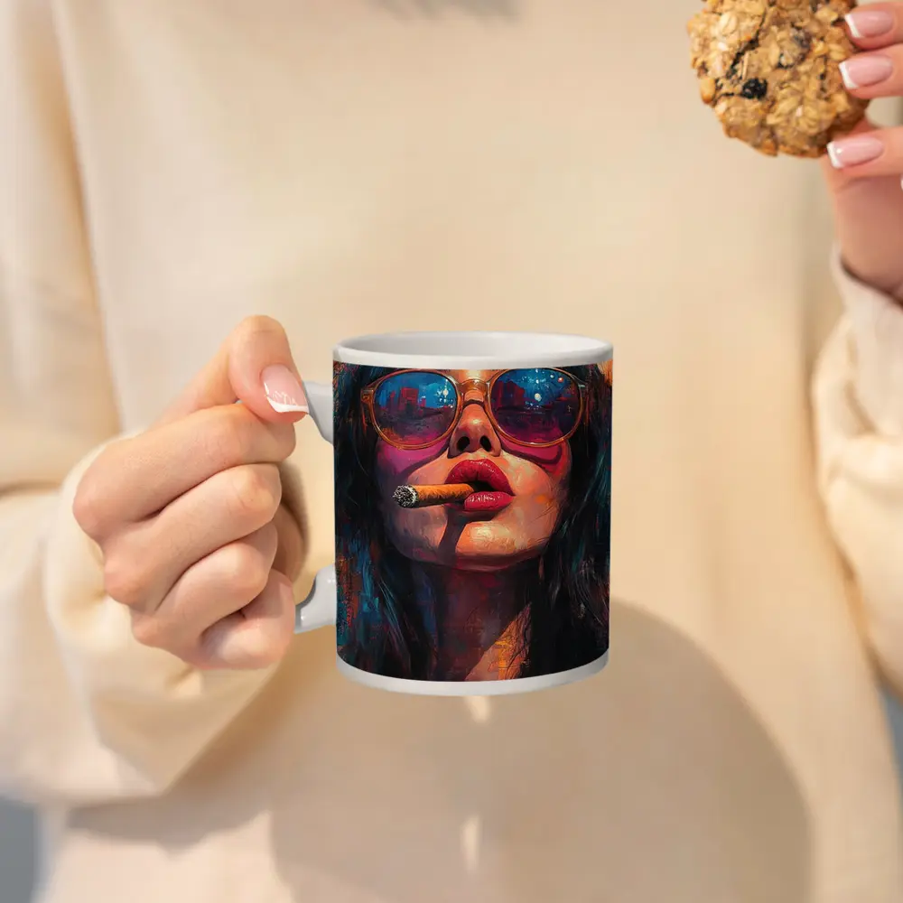 Woman With Cigar Sunglasses Colorful Oil Painting – Mugs