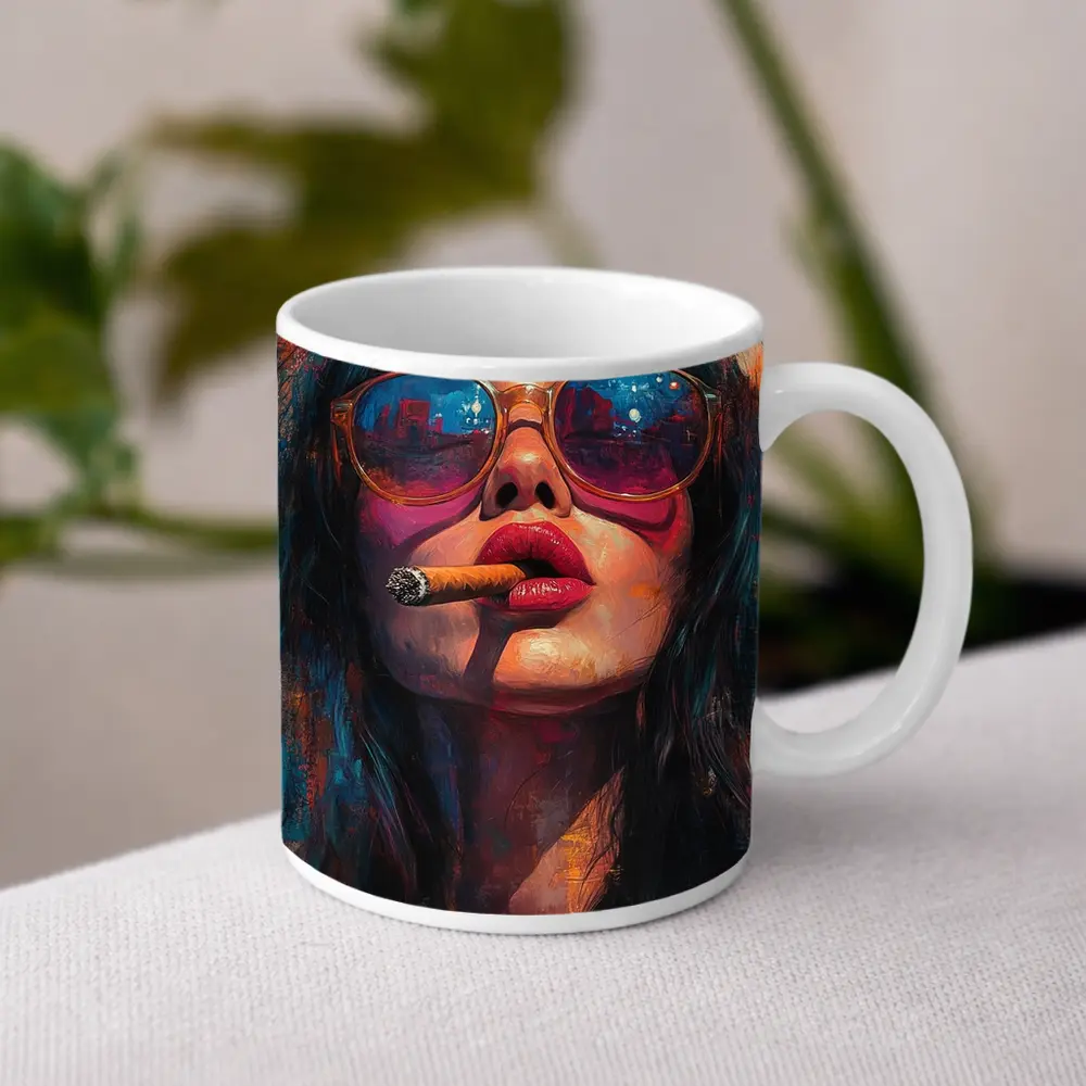 Woman With Cigar Sunglasses Colorful Oil Painting – Mugs