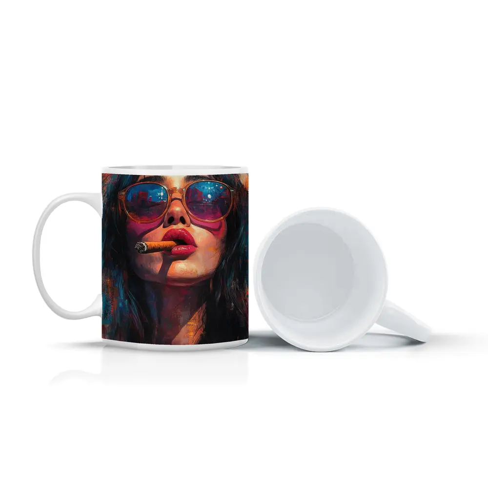 Woman With Cigar Sunglasses Colorful Oil Painting – Mugs