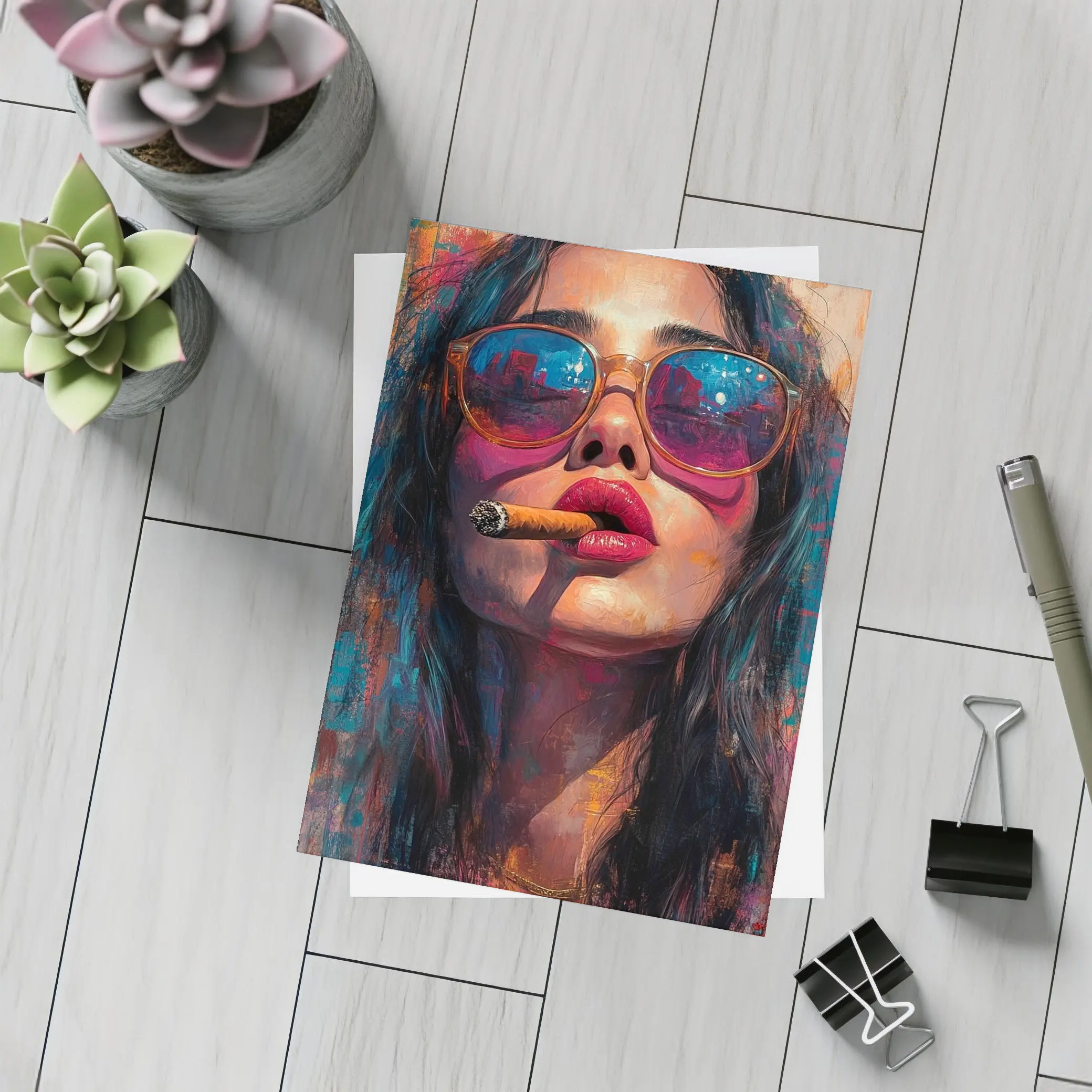 Woman With Cigar Sunglasses Colorful Oil Painting – Postcards
