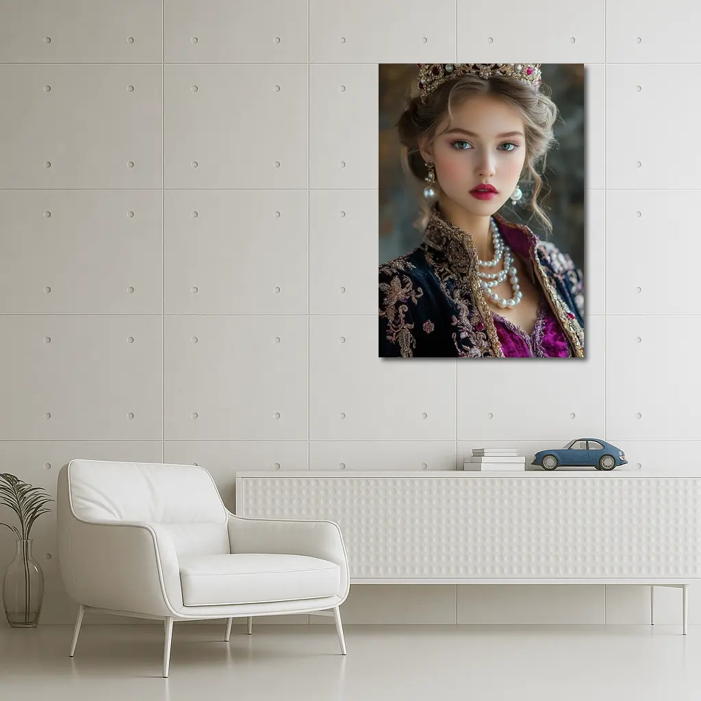 Young Queen Portrait with Ruby Crown – Wall Art