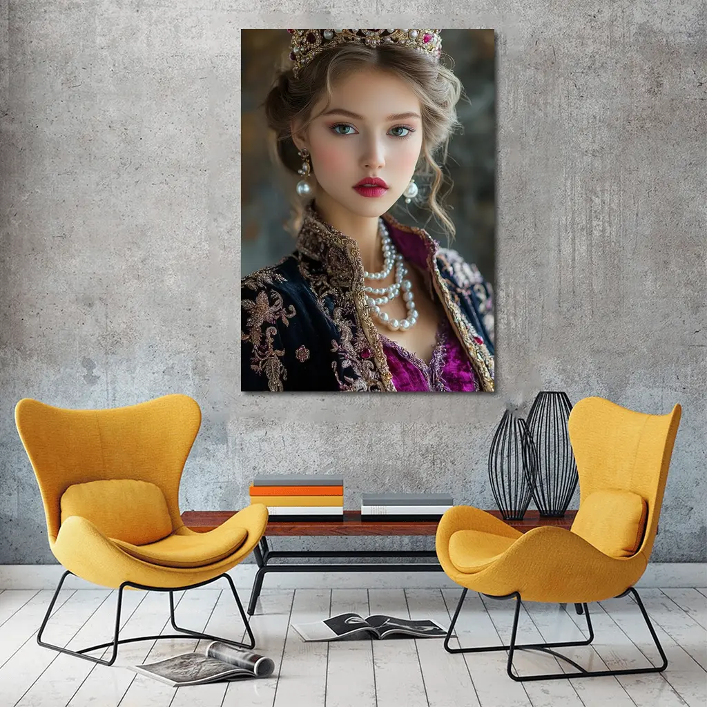 Young Queen Portrait with Ruby Crown – Wall Art