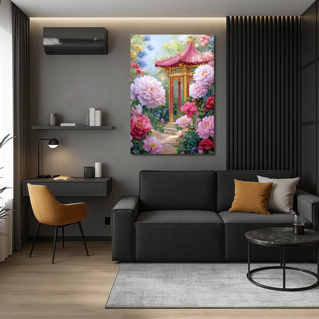Chinese Pagoda Garden Pink Peonies Painting – Wall Art