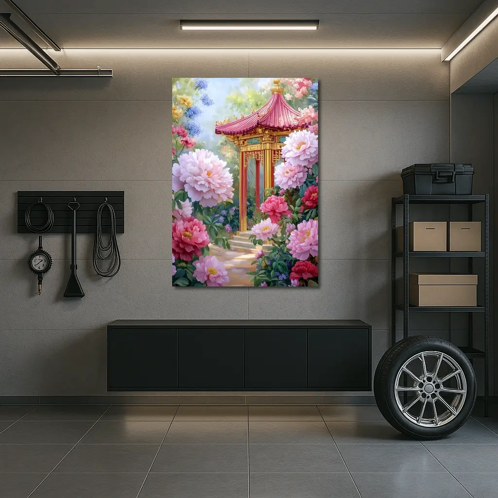 Chinese Pagoda Garden Pink Peonies Painting – Wall Art