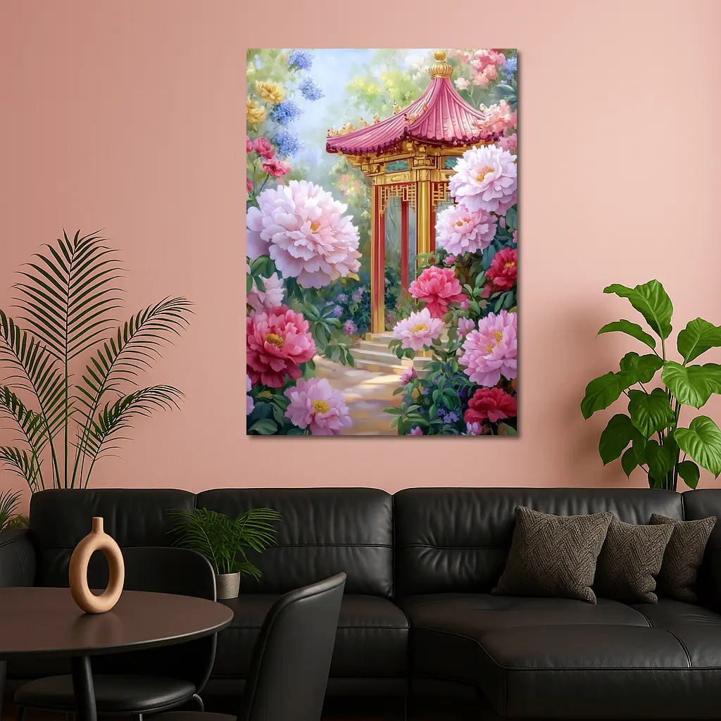 Chinese Pagoda Garden Pink Peonies Painting – Wall Art