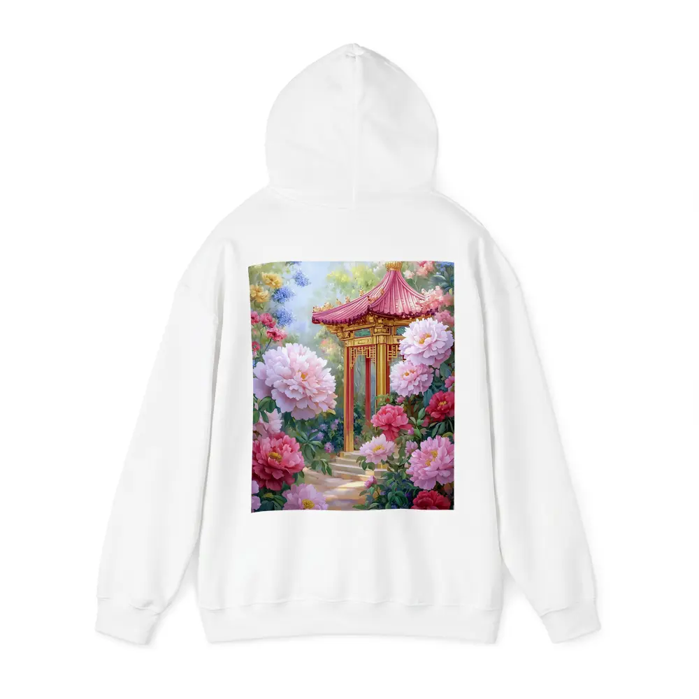 Chinese Pagoda Garden Pink Peonies Painting – Hoodies