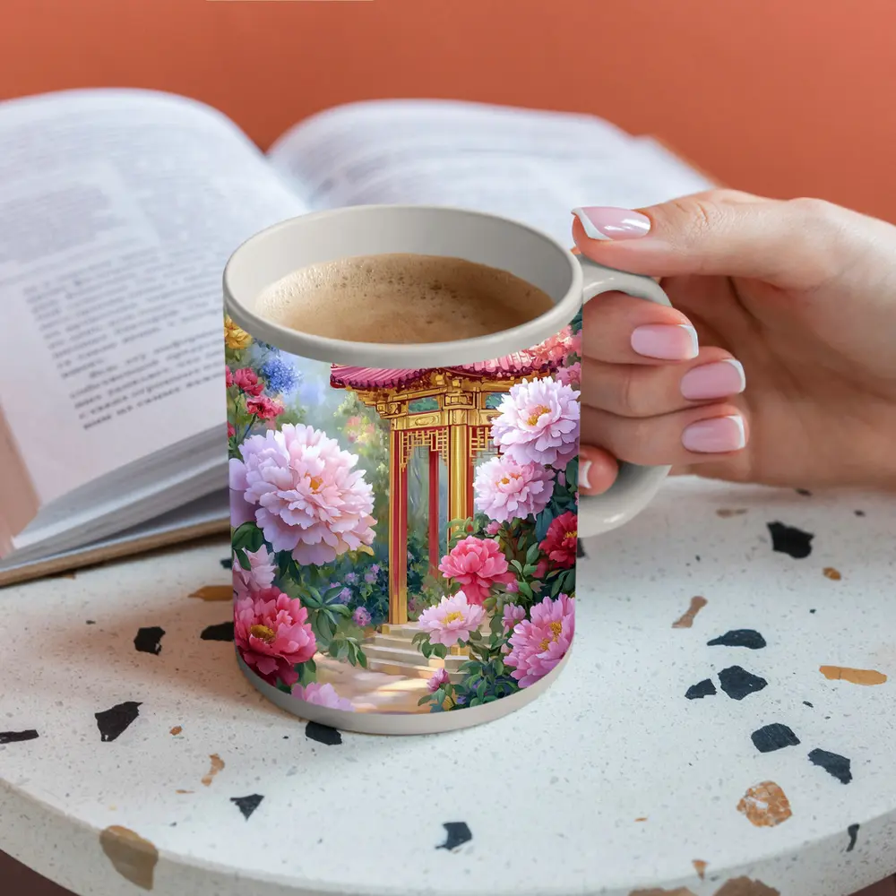 Chinese Pagoda Garden Pink Peonies Painting – Mugs