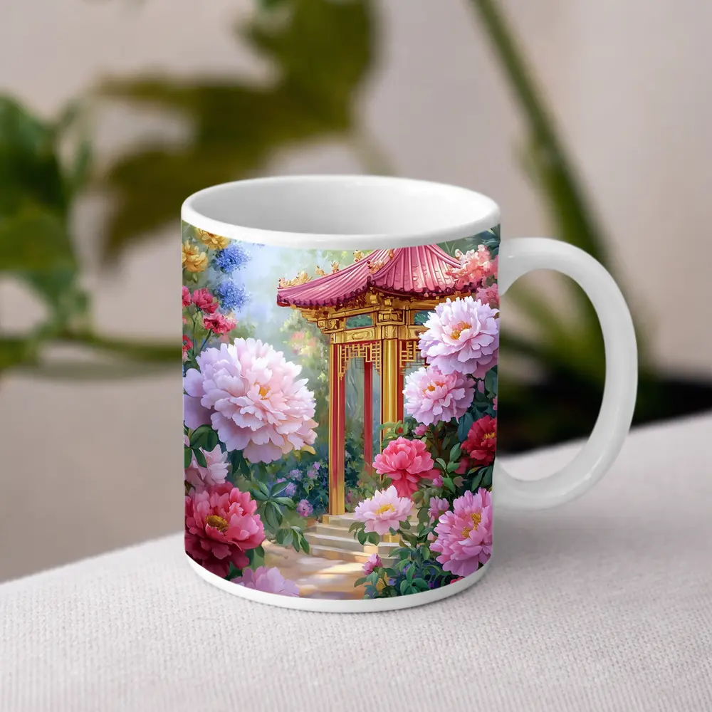 Chinese Pagoda Garden Pink Peonies Painting – Mugs