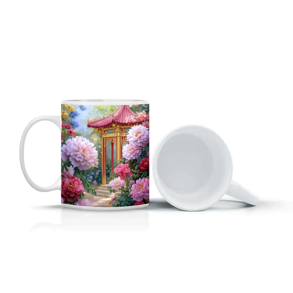 Chinese Pagoda Garden Pink Peonies Painting – Mugs