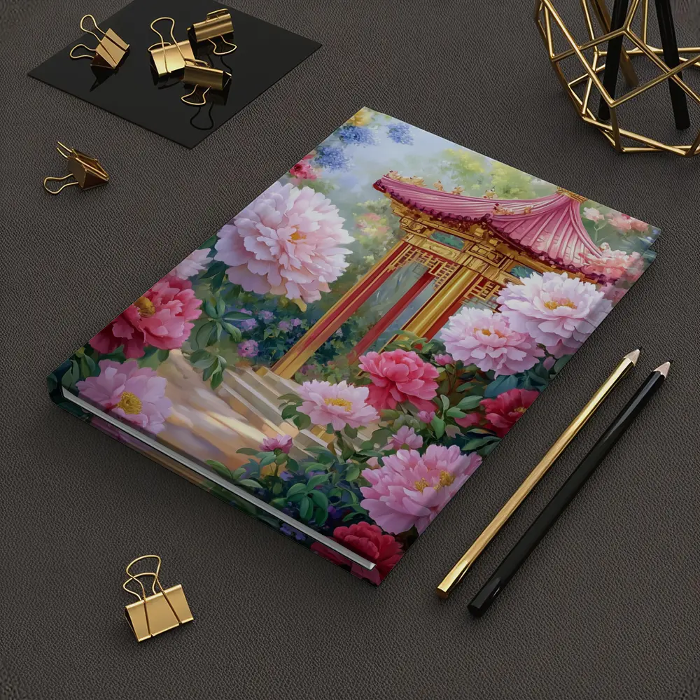 Chinese Pagoda Garden Pink Peonies Painting – Notebooks