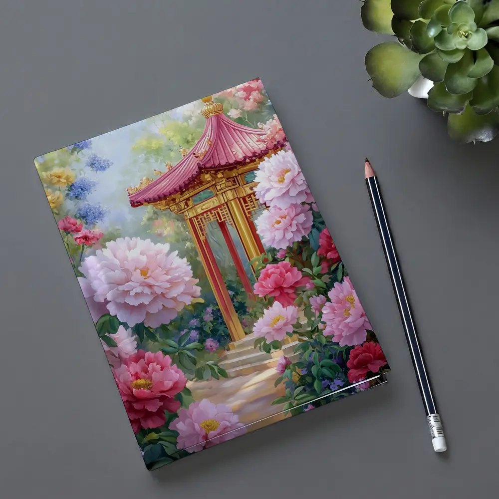 Chinese Pagoda Garden Pink Peonies Painting – Notebooks