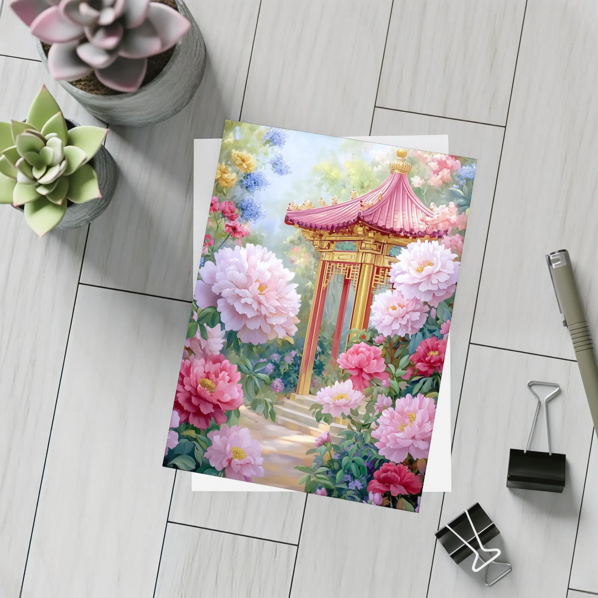 Chinese Pagoda Garden Pink Peonies Painting – Postcards