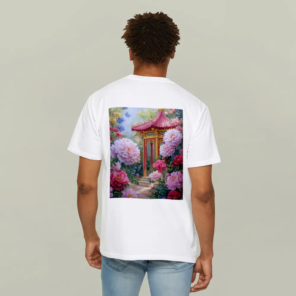 Chinese Pagoda Garden Pink Peonies Painting – T-Shirts