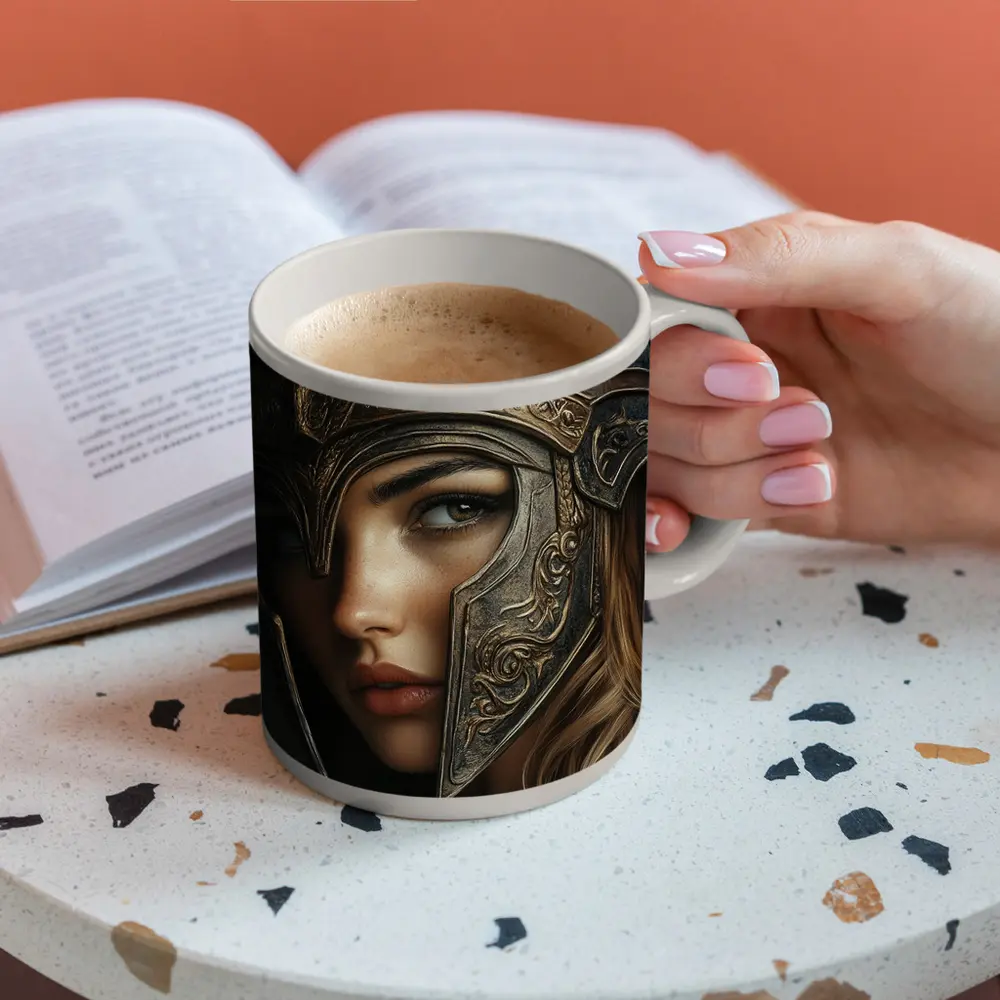Female Warrior Dark Fantasy Ornate Helmet Portrait – Mugs