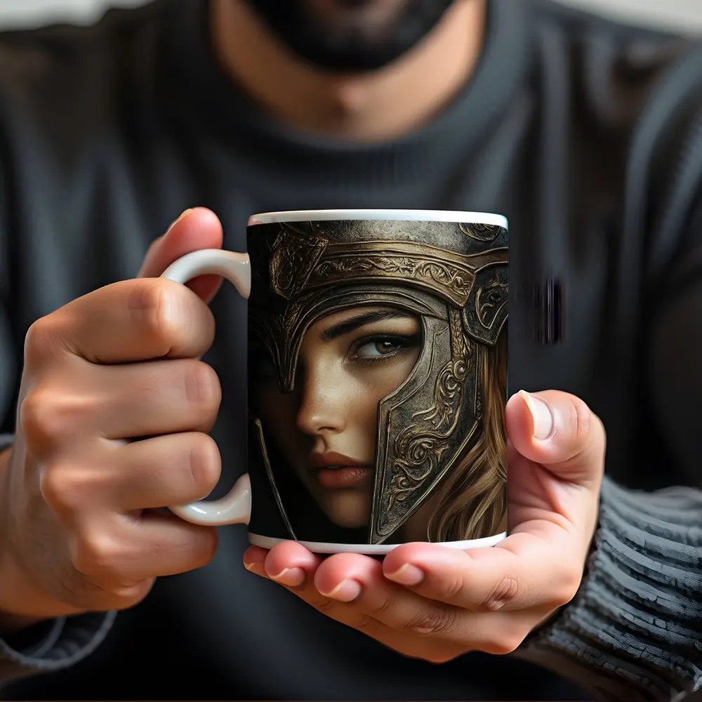 Female Warrior Dark Fantasy Ornate Helmet Portrait – Mugs