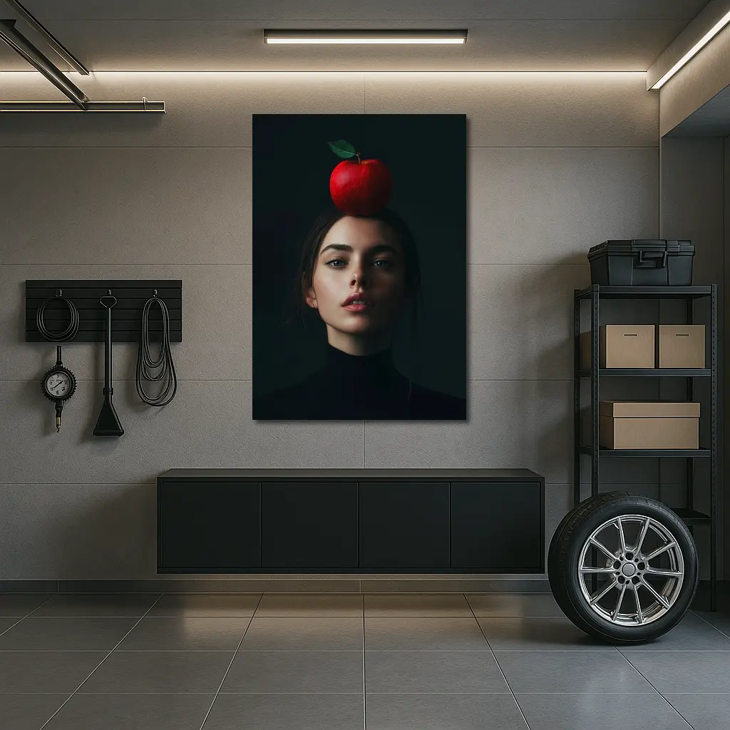 Woman Portrait Red Apple Dark Background – Wall Art