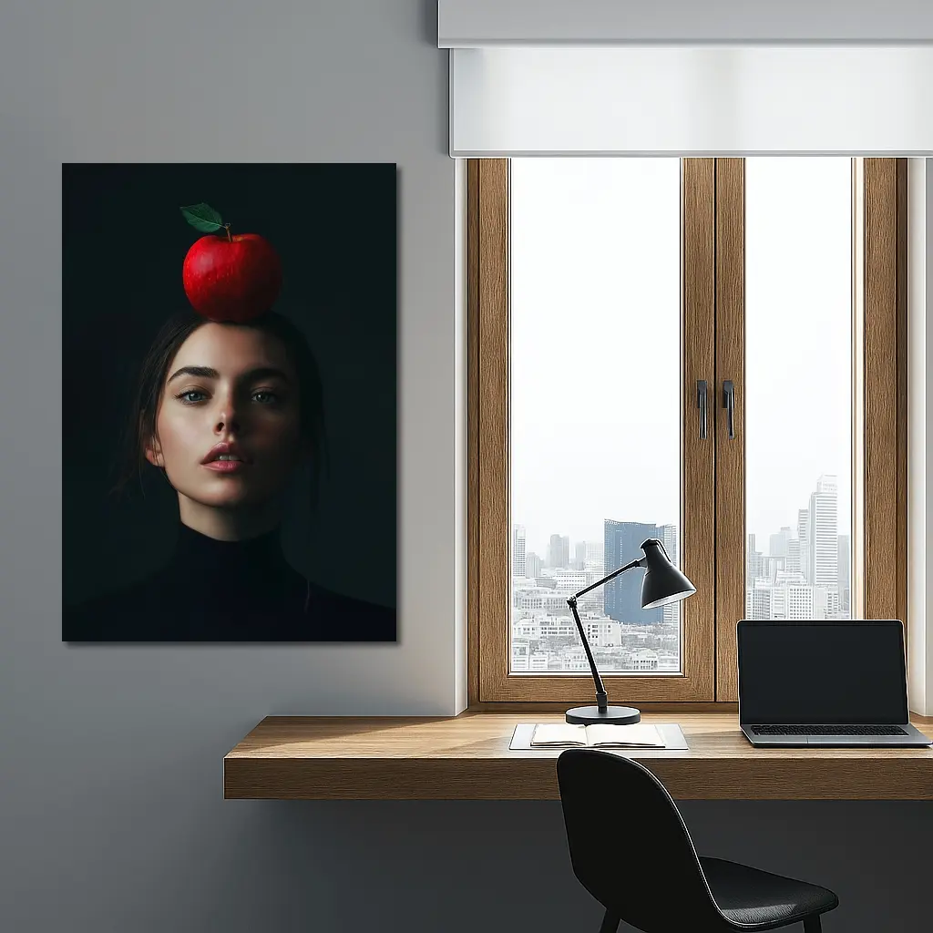 Woman Portrait Red Apple Dark Background – Wall Art