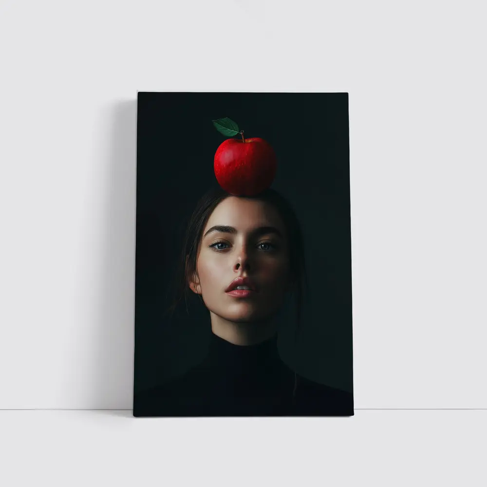Woman Portrait Red Apple Dark Background – Wall Art