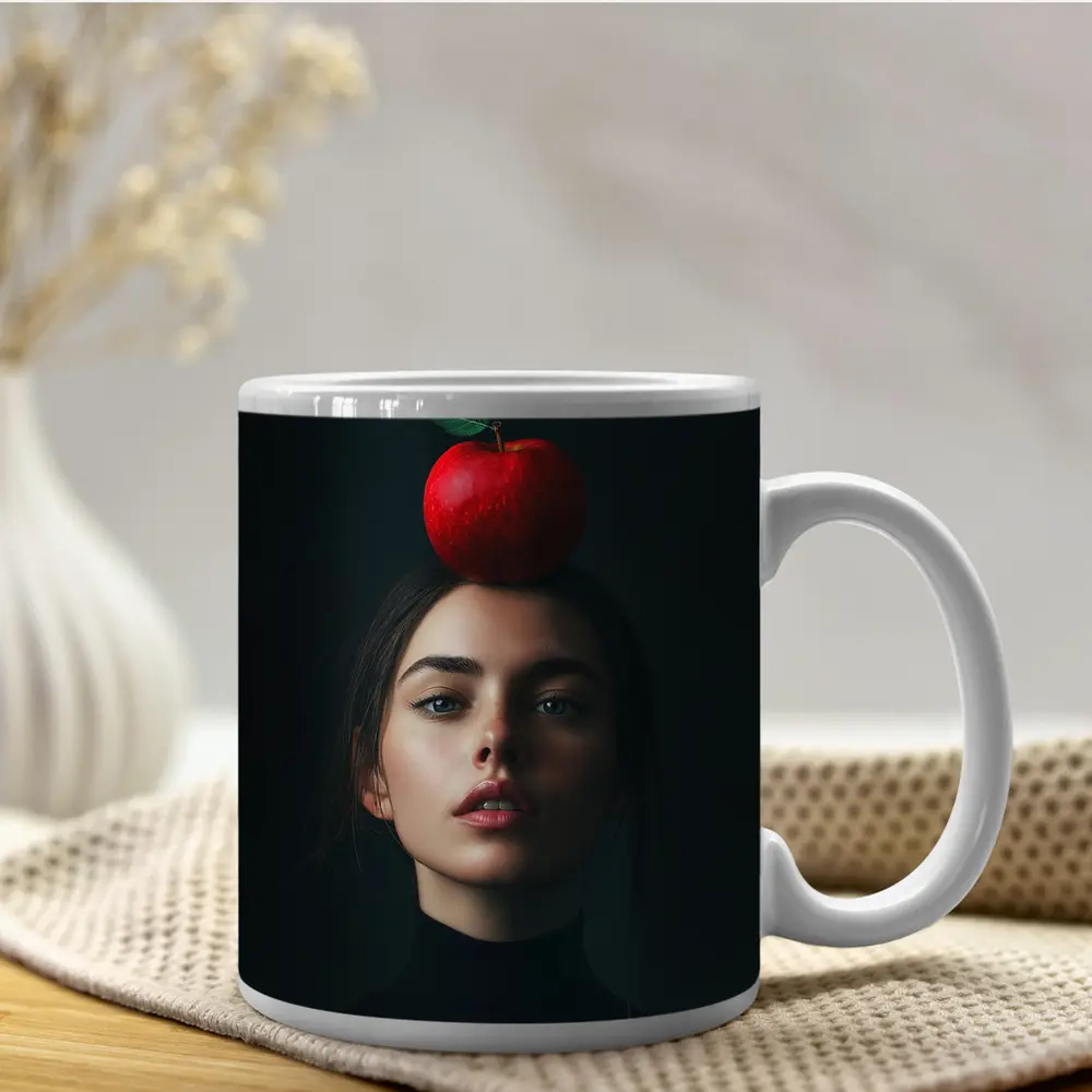 Woman Portrait Red Apple Dark Background – Mugs