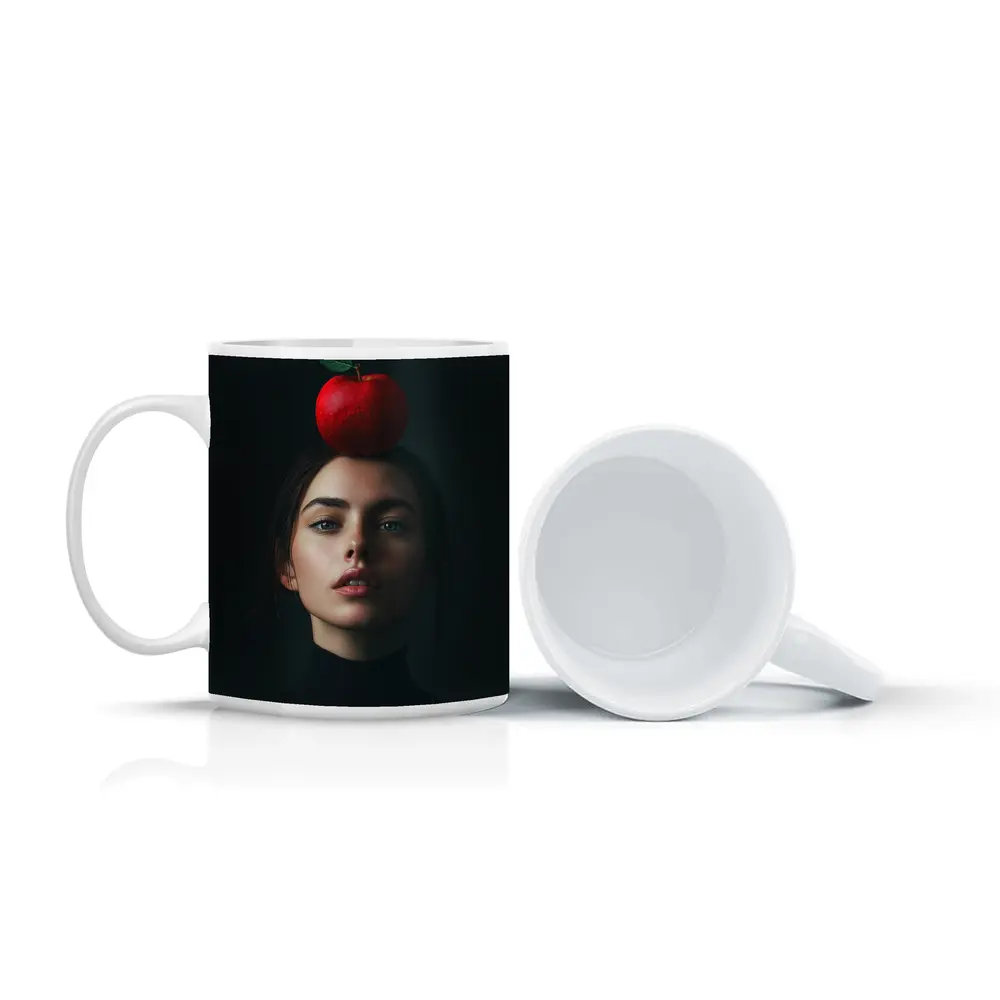 Woman Portrait Red Apple Dark Background – Mugs