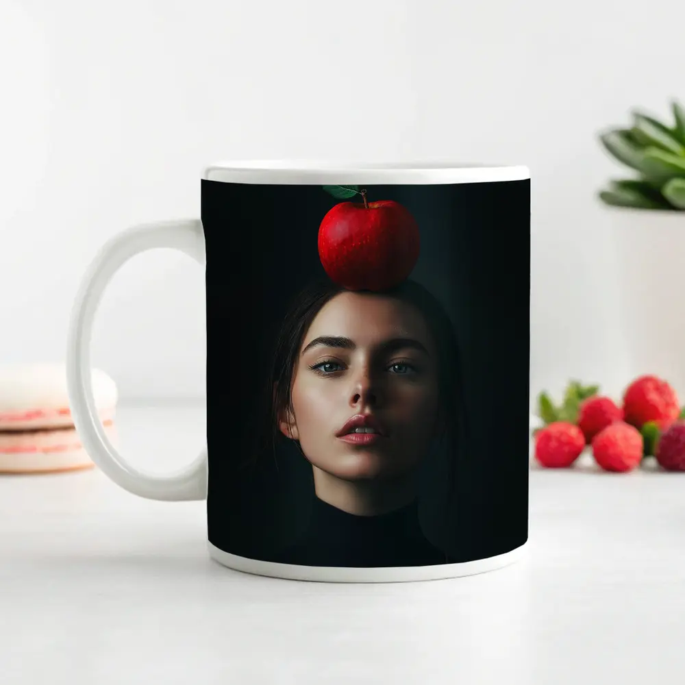 Woman Portrait Red Apple Dark Background – Mugs