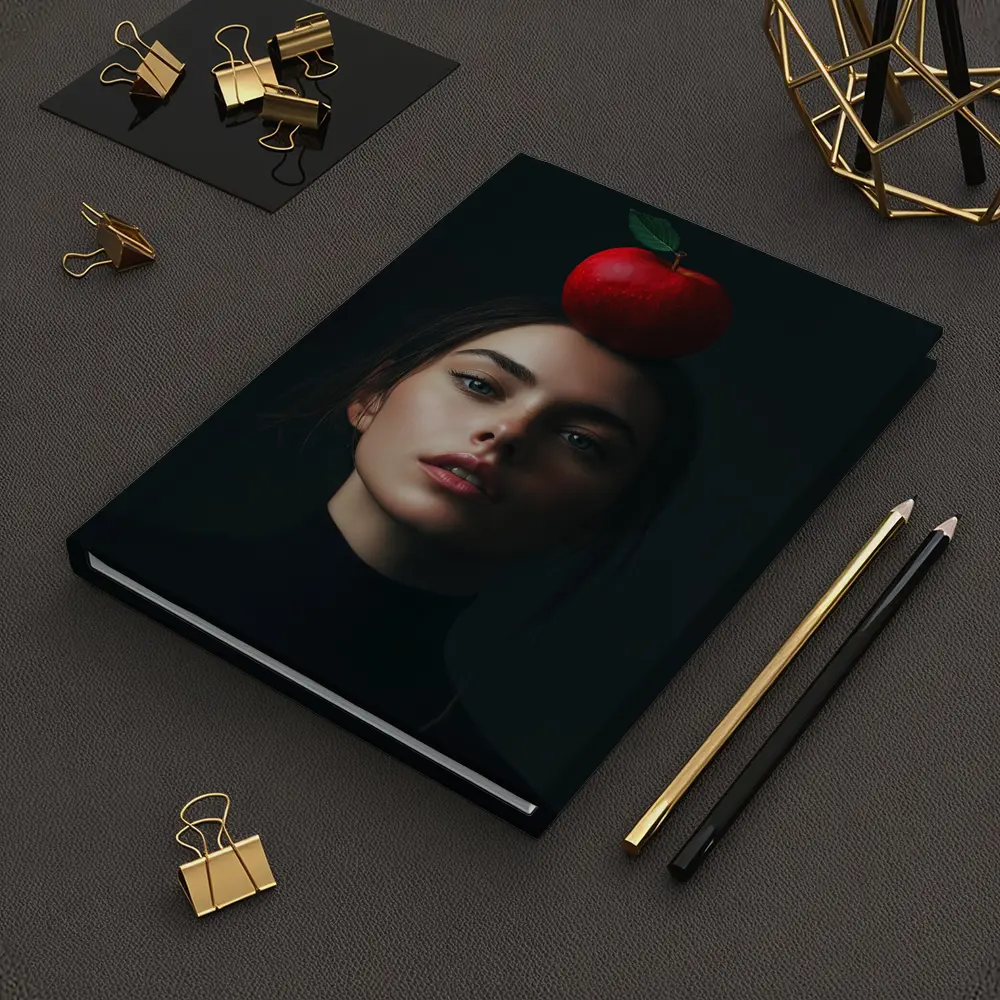 Woman Portrait Red Apple Dark Background – Notebooks