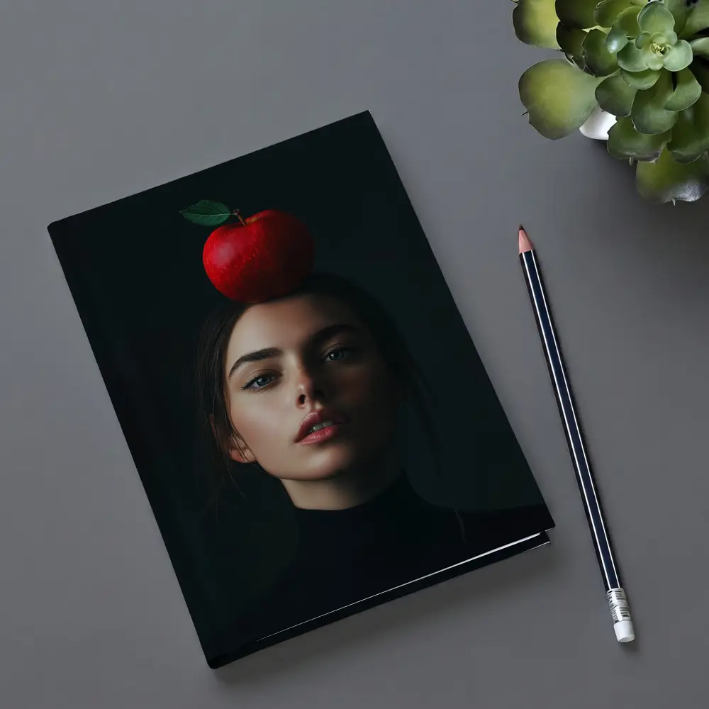 Woman Portrait Red Apple Dark Background – Notebooks