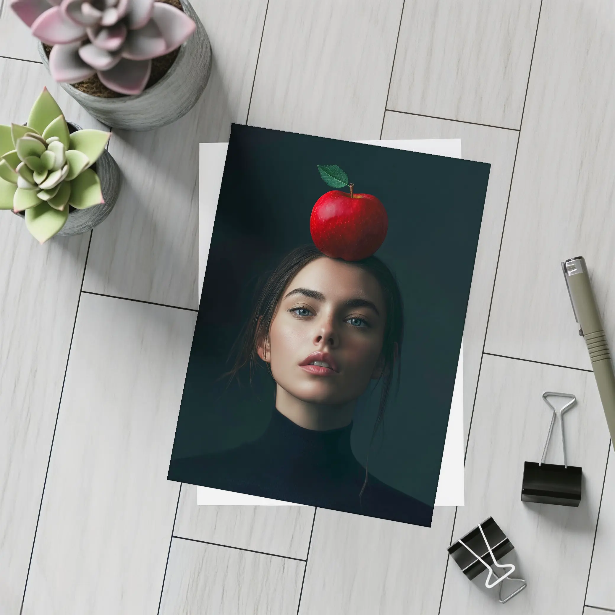 Woman Portrait Red Apple Dark Background – Postcards