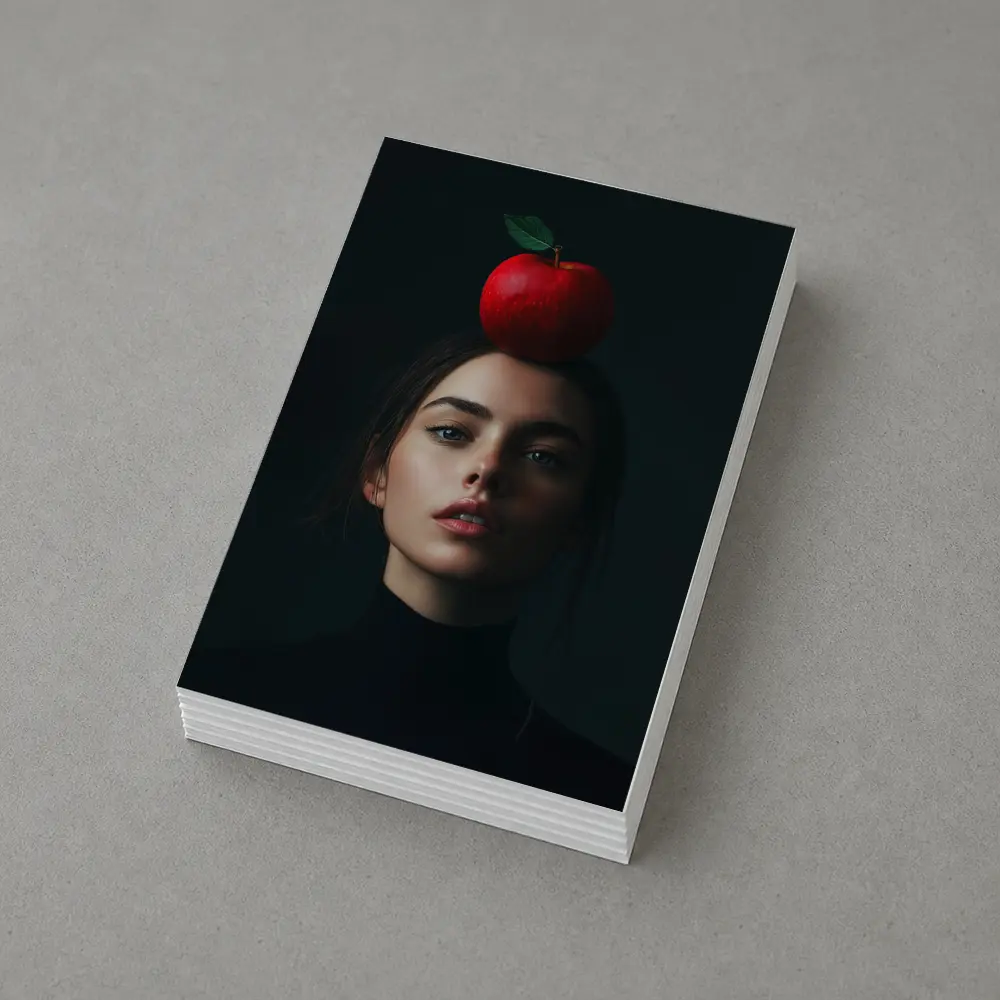 Woman Portrait Red Apple Dark Background – Postcards
