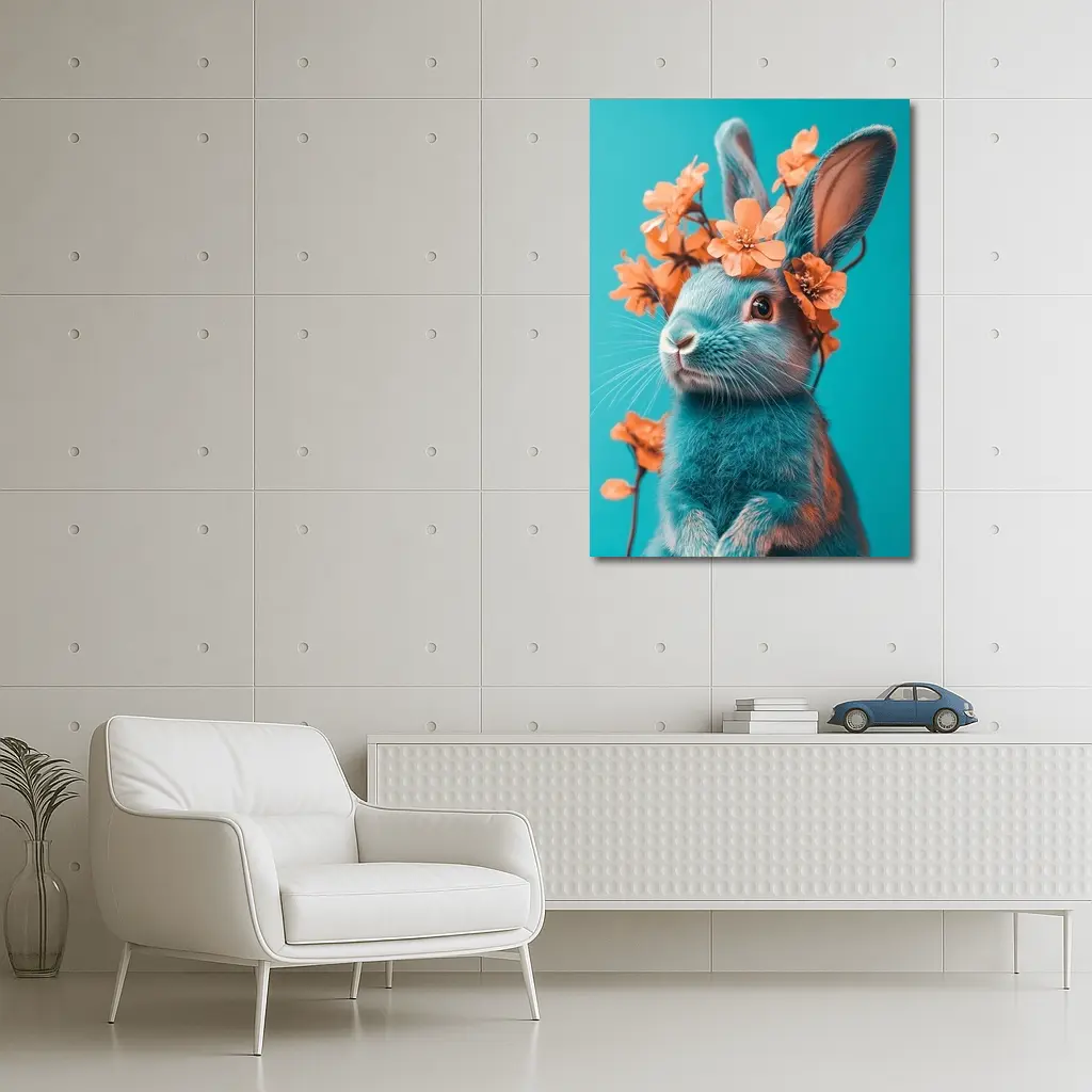 Teal Rabbit With Orange Flowers Teal Background – Wall Art