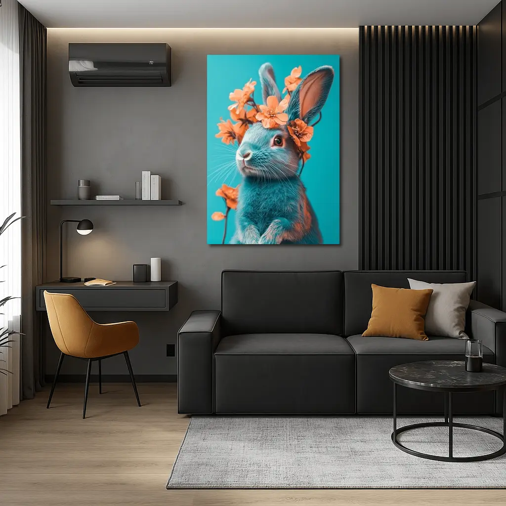 Teal Rabbit With Orange Flowers Teal Background – Wall Art