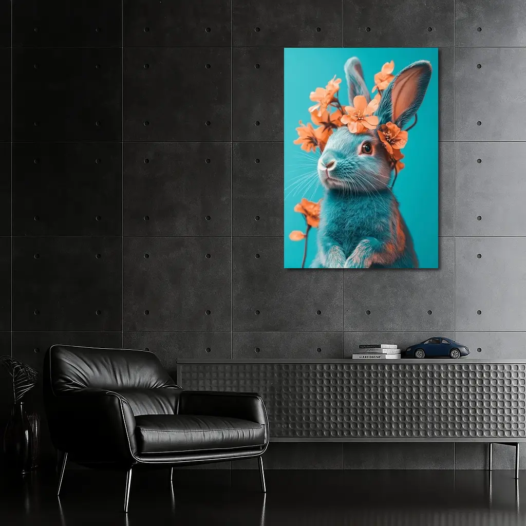 Teal Rabbit With Orange Flowers Teal Background – Wall Art