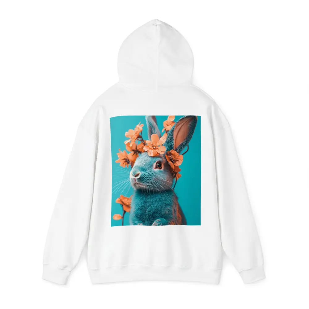 Teal Rabbit With Orange Flowers Teal Background – Hoodies
