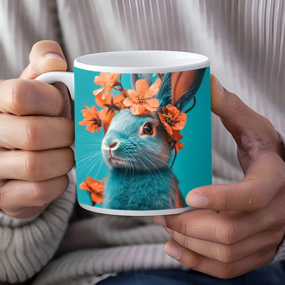 Teal Rabbit With Orange Flowers Teal Background – Mugs