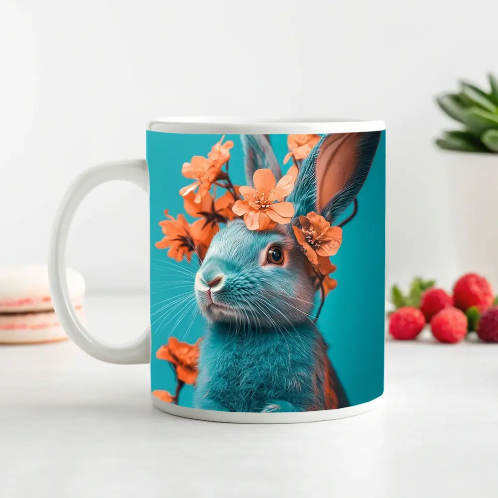 Teal Rabbit With Orange Flowers Teal Background – Mugs