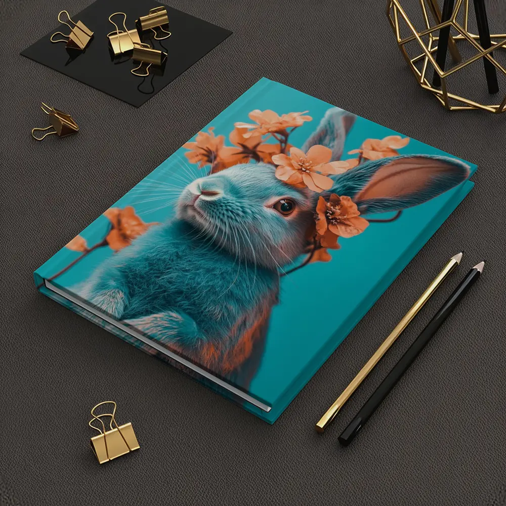 Teal Rabbit With Orange Flowers Teal Background – Notebooks
