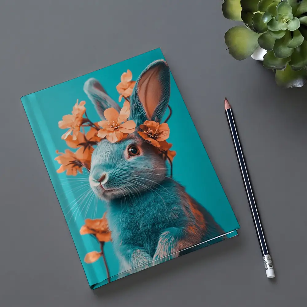 Teal Rabbit With Orange Flowers Teal Background – Notebooks
