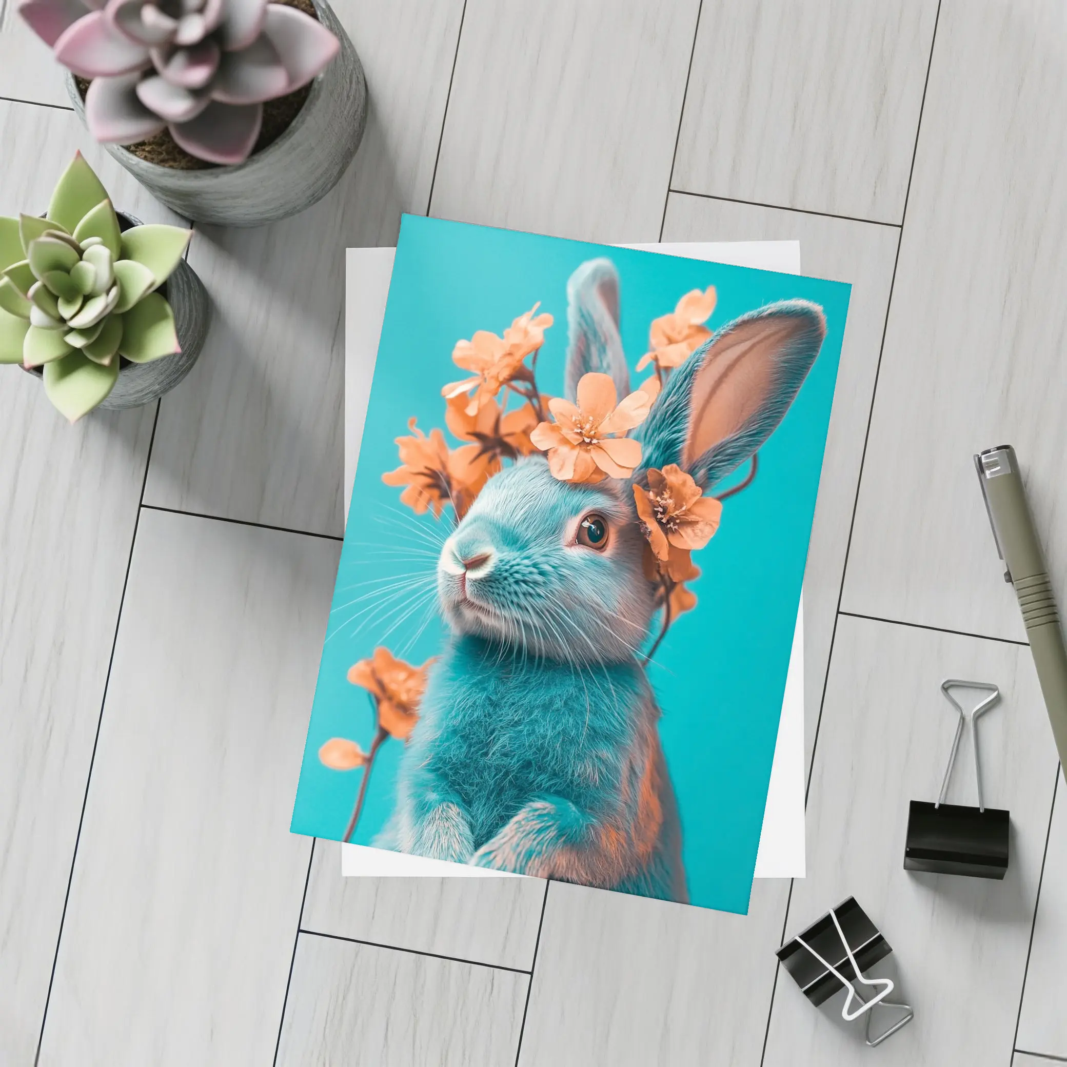 Teal Rabbit With Orange Flowers Teal Background – Postcards