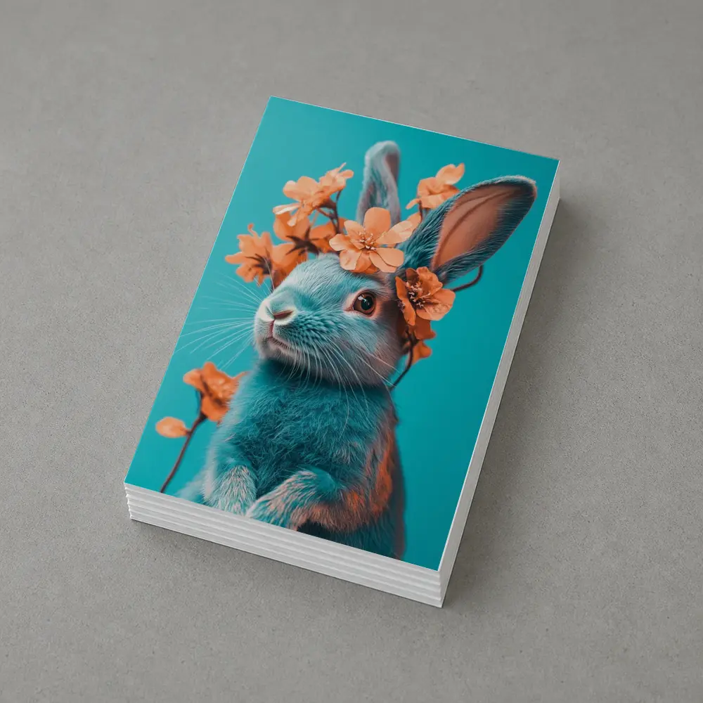 Teal Rabbit With Orange Flowers Teal Background – Postcards