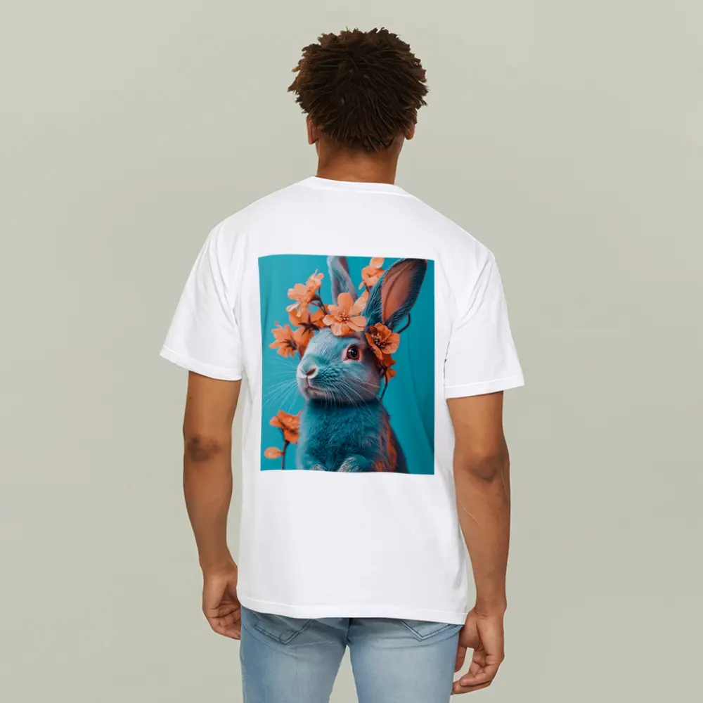 Teal Rabbit With Orange Flowers Teal Background – T-Shirts