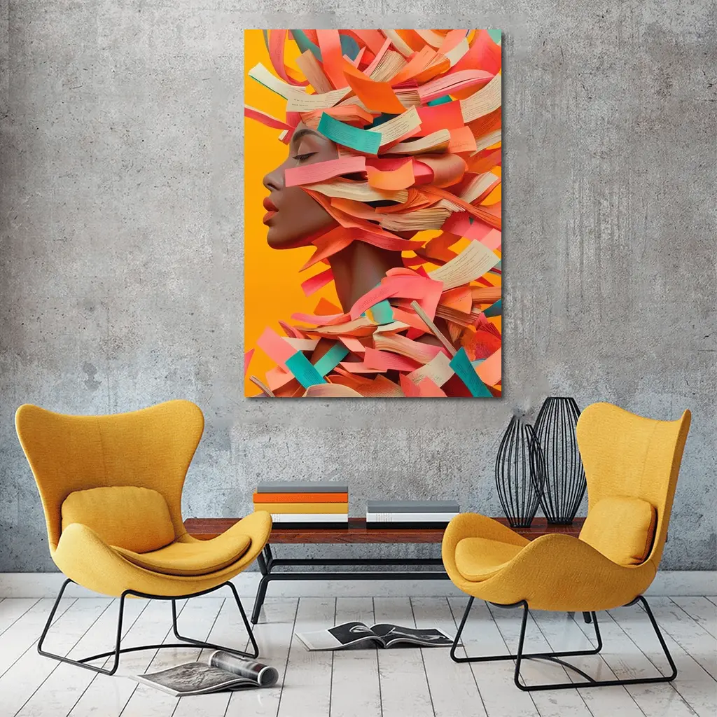 Woman Head Books Collage Orange Background – Wall Art