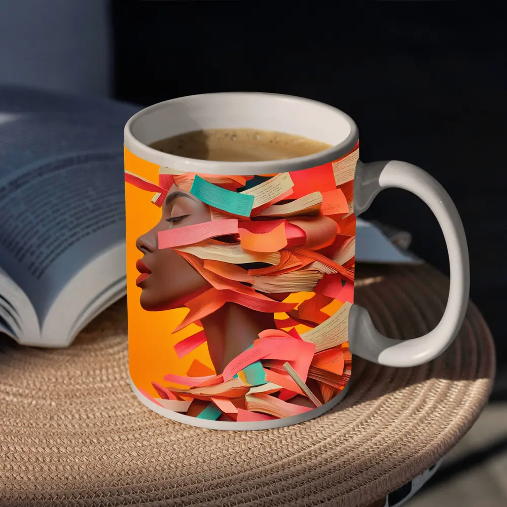Woman Head Books Collage Orange Background – Mugs