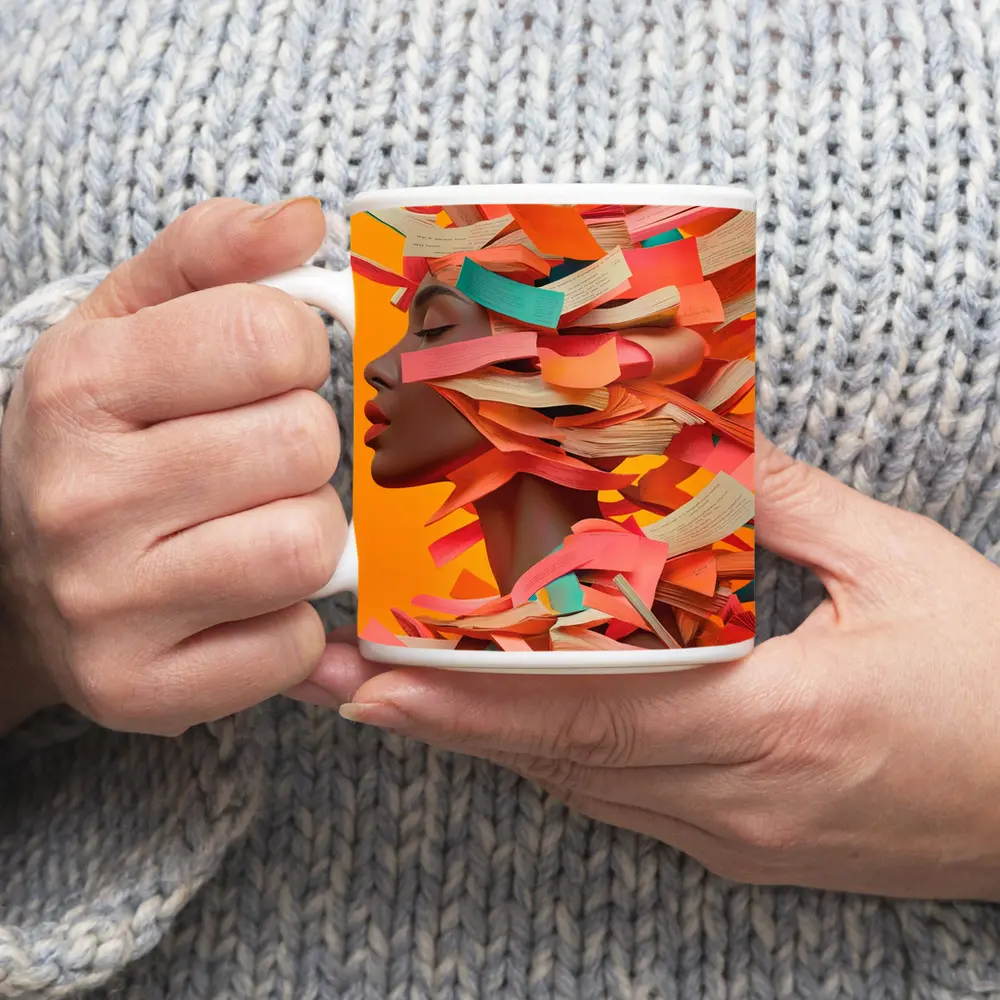Woman Head Books Collage Orange Background – Mugs